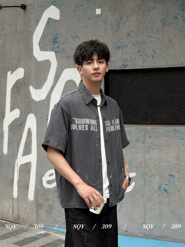 实体商场天丝牛仔短袖衬衫男士春夏季新款水洗轻薄衬衣印花外套女