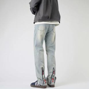 实体十字架黑微喇牛仔裤男款秋冬季欧美高街vibe风裤子潮牌直筒裤