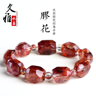 久雅水晶 天然牛血红胶花切角手链 橘红色胶花切面手串 厂家直销