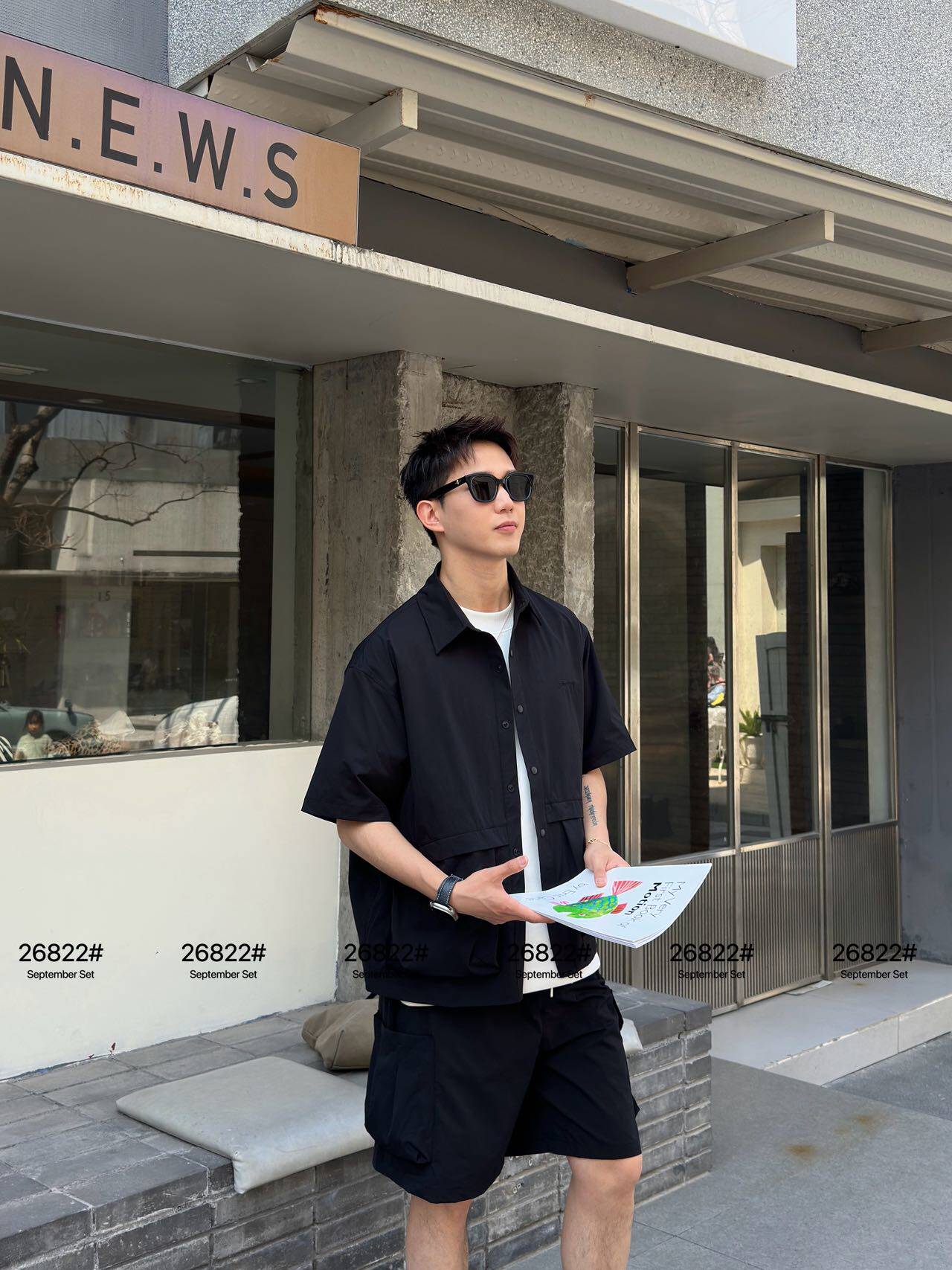 实体商场薄款休闲套装夏季短袖短裤两件套时尚翻领宽松男简约百搭