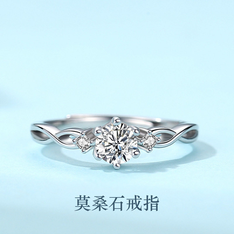 925纯银缠爱莫桑钻戒指女韩版个性交织ins创意百搭莫桑石指环代发