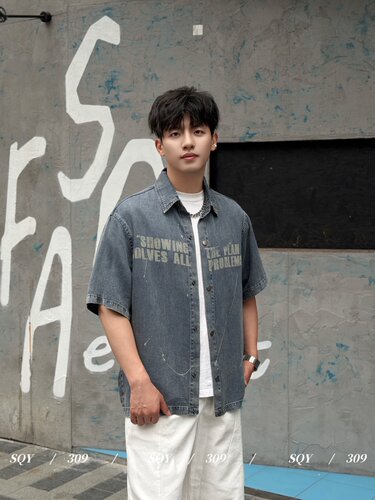 实体商场天丝牛仔短袖衬衫男士春夏季新款水洗轻薄衬衣印花外套女