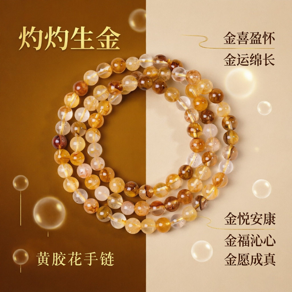 天然黄胶花6MM三圈素圈手链 小众设计高级感水晶手串轻奢饰品批发