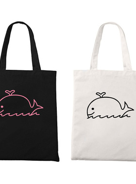 白鲸简约可爱设计创意单肩托特包拉链帆布袋装书零食学生收纳包