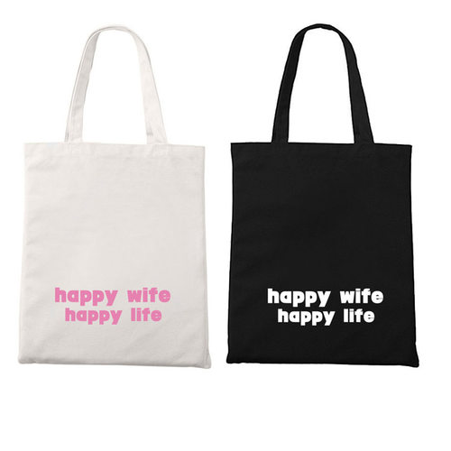 happy wife happy life小众设计感创意文化字母拉链帆布袋手提包