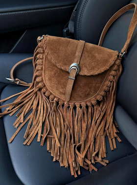 forms轻奢复古美拉德棕色编织麂皮流苏包单肩斜挎包包女西部牛仔