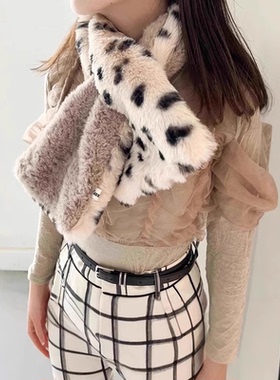 casselini秋冬双面交叉豹纹毛领毛绒围脖保暖围巾女日系小众设计