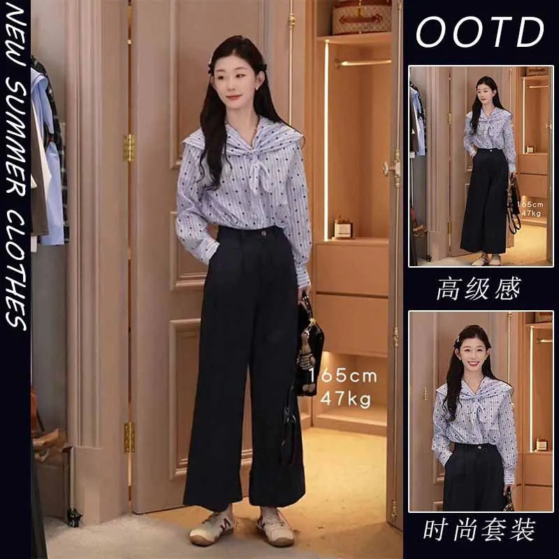 胖东来春秋韩版新款绑带蝴蝶结海军领长袖波点衬衫收腰宽松休闲裤