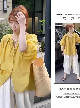 胖东来黄色短袖衬衫女2025夏季新款设计感小众衬衣百搭休闲阔腿裤