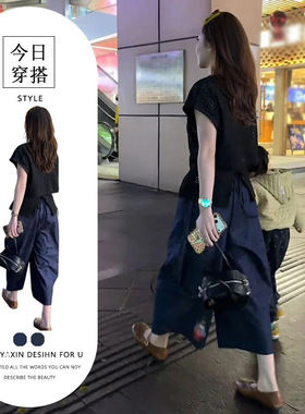 胖东来夏季高级感黑色镂空不规则上衣波点休闲裤美式别致显气质两