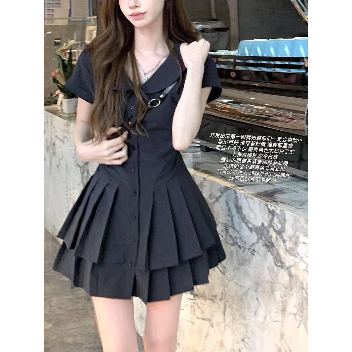 THETURE显白藏青收腰衬衫连衣裙显瘦夏短袖百搭设计感2025新款女