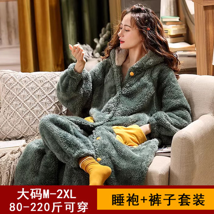 秋冬季睡衣女法兰绒睡袍女加厚加绒大码200斤珊瑚绒家居服可外穿
