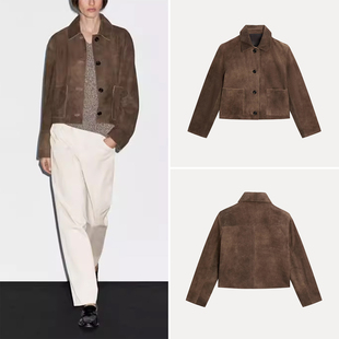 2025年夏季新款女装欧美风短款绒面真皮翻领皮衣外套04729569700