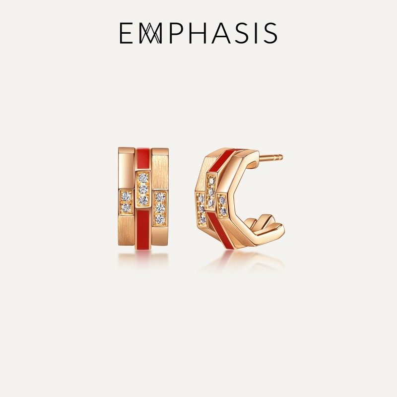 EMPHASIS艾斐诗「冠」系列18K玫瑰金红色陶瓷钻石耳钉96328E