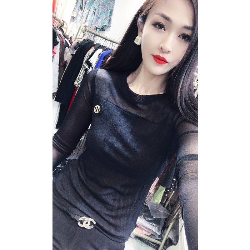 长袖欧洲站拼接网纱女洋气打底衫