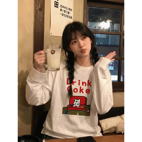 韩系小众印花宽松长袖T恤女秋季