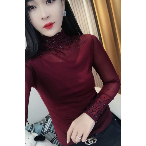 欧货春秋装新款半高领网纱烫钻