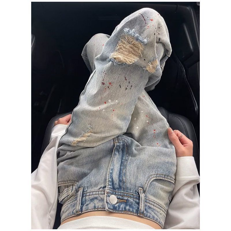 025爆款新款直筒高腰子潮破洞