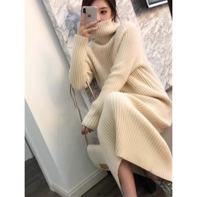 长款高领毛衣裙女加厚冬季白色打底过膝针织连衣裙内搭长裙连身裙