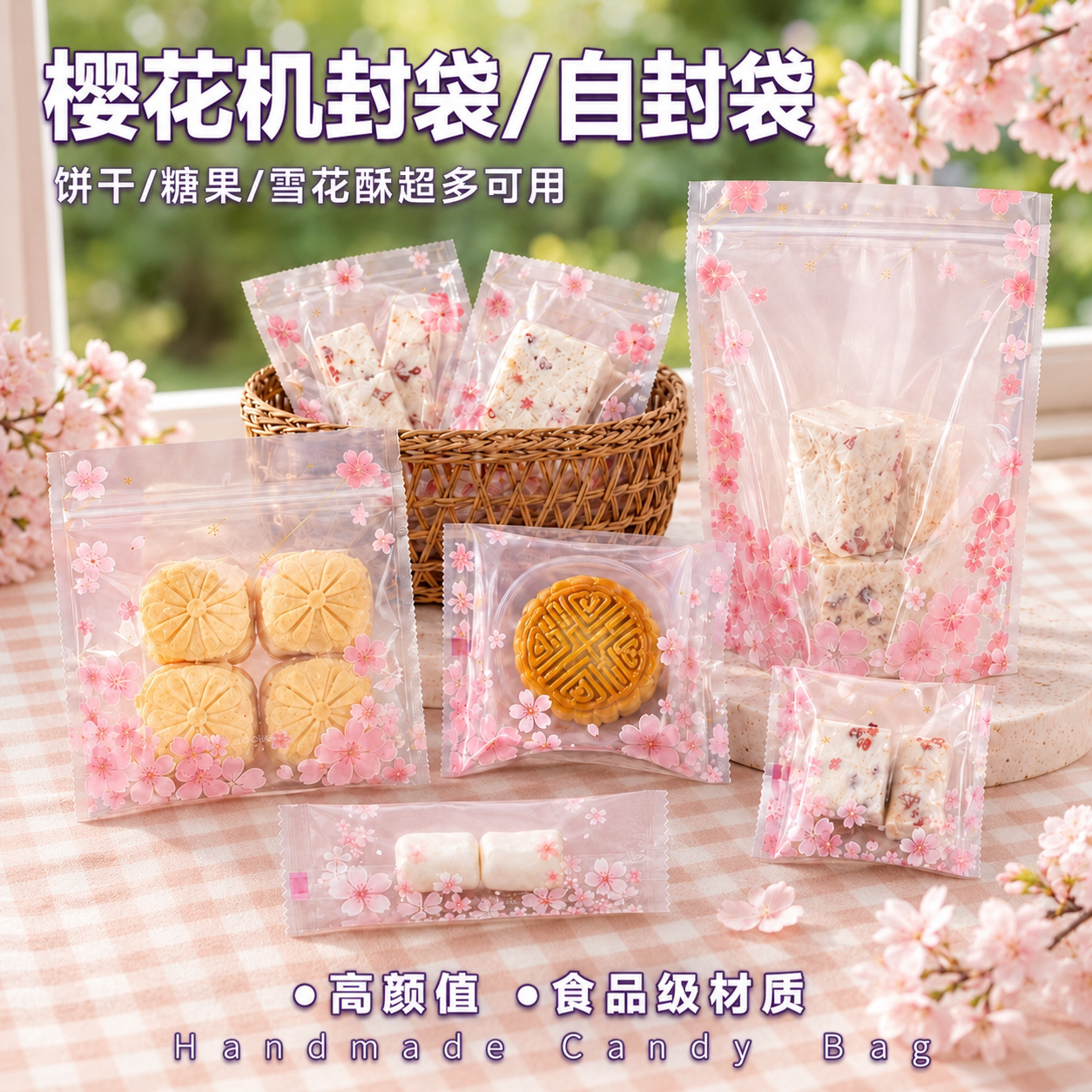 粉色樱花烘焙包装袋 曲奇牛轧糖月饼机封袋 家用手工点心自封袋
