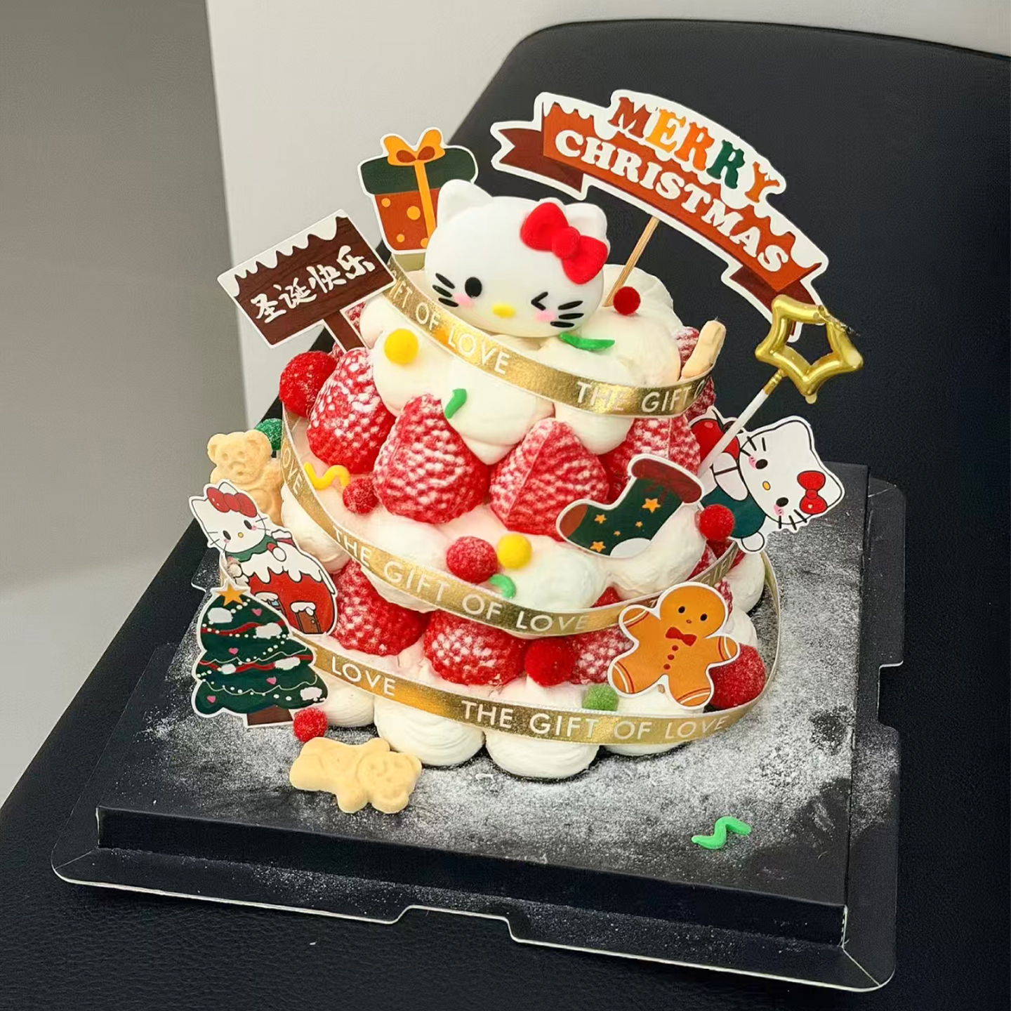 网红可爱kt猫圣诞节蛋糕装饰hellokitty圣诞老人甜品台插件装扮