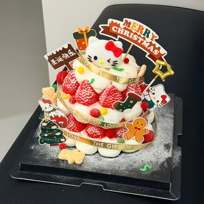 网红可爱kt猫圣诞节蛋糕装饰hellokitty圣诞老人甜品台插件装扮