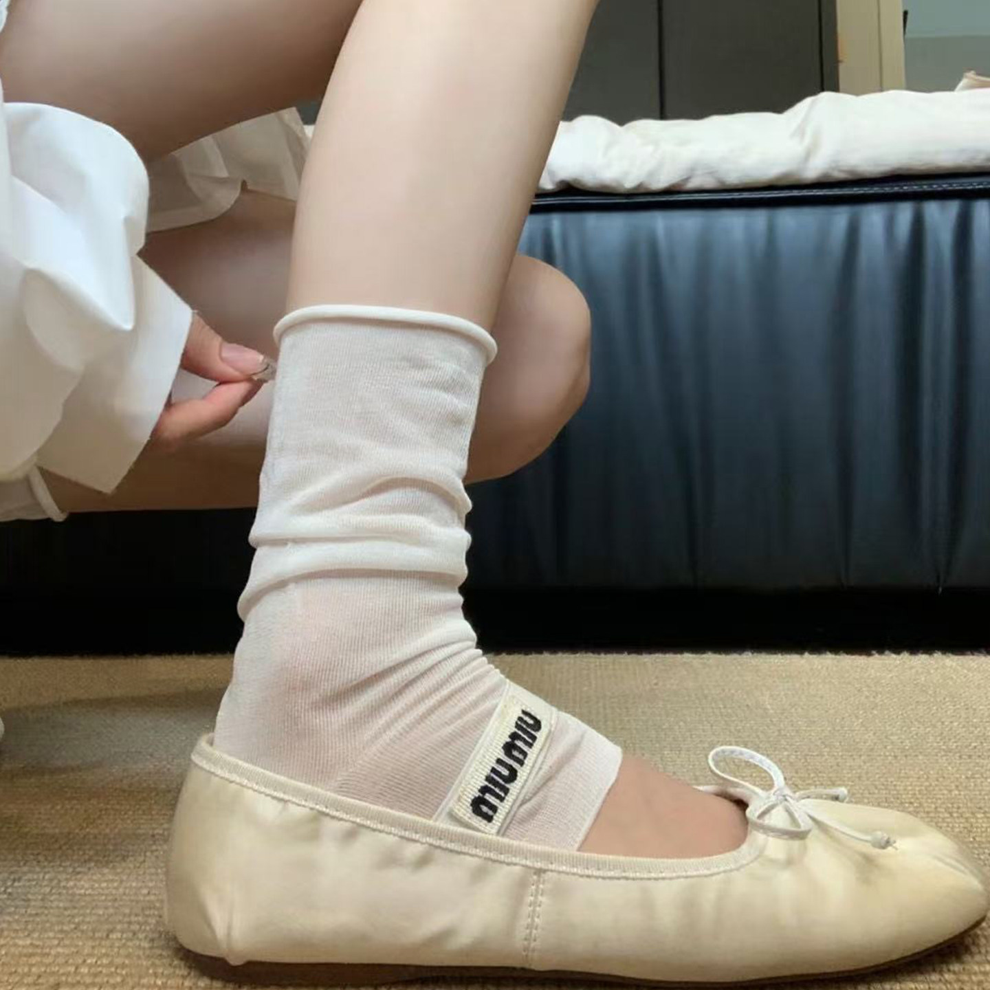 miu系踩脚袜女芭蕾风堆堆袜春夏薄款中筒袜子透气长筒袜百搭脚套