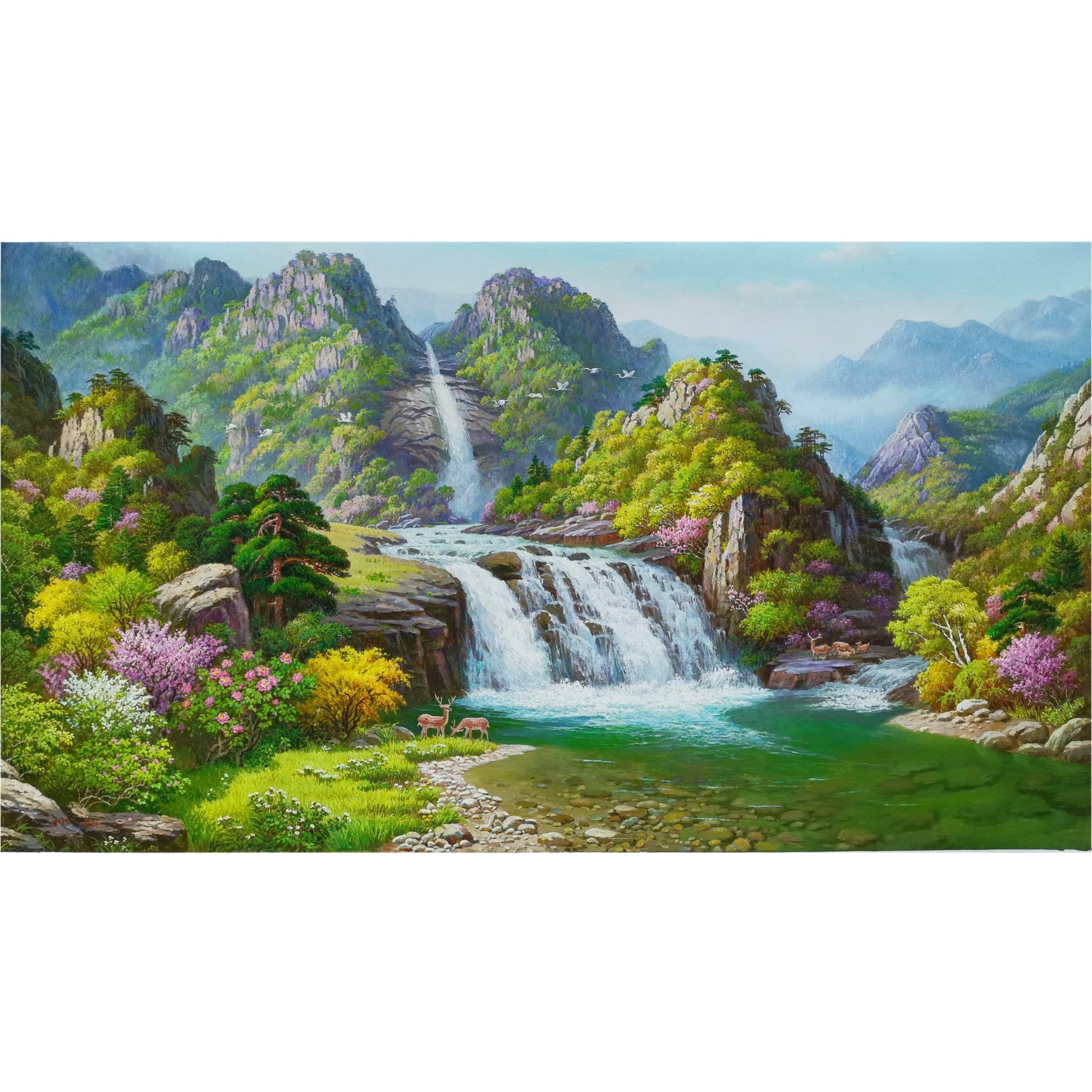 有靠山挂画朝鲜画油画风景画装饰画客厅挂画 吕秀美《溪谷秋色》