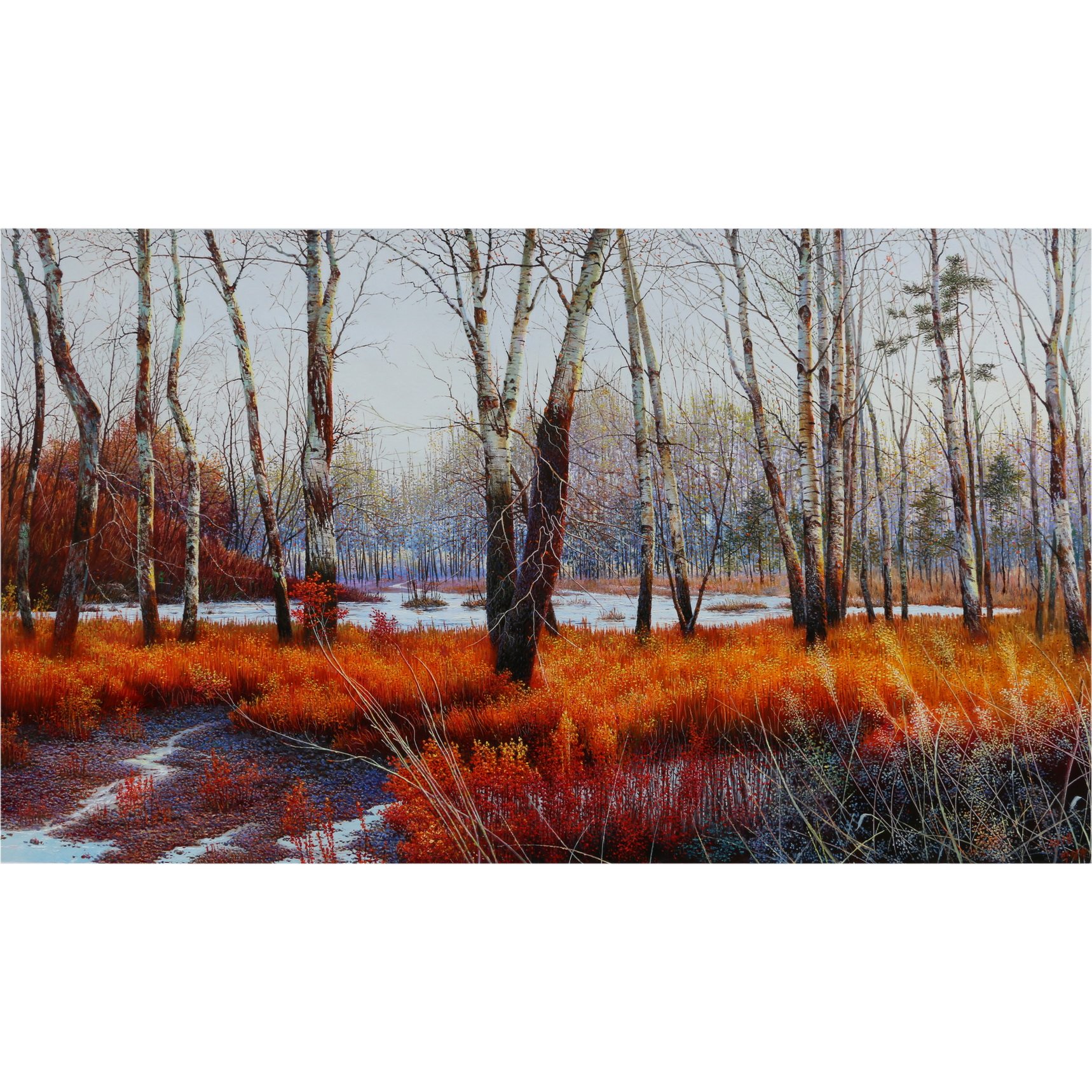 写实客厅纯手绘油画风景画原稿朴哲赫《白桦林》