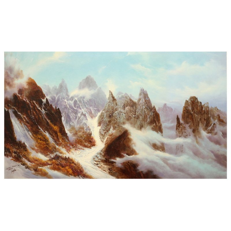 有靠山挂画客厅纯手绘油画风景画原稿权国鲜《冬天的金刚川》