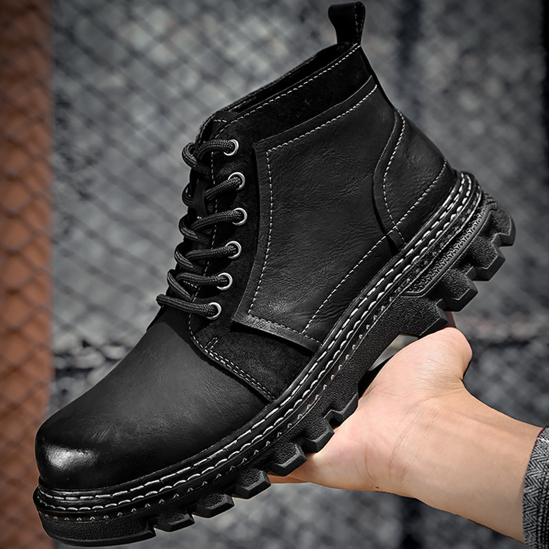 男士真皮鞋休闲马丁靴男鞋子切尔西秋季增高中邦高帮男款复古军勾