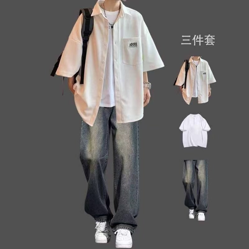 牛仔裤搭配短袖宽松衬衫衬衣一套痞帅套装男装休闲潮牌华夫格夏季,男装,休闲运动套装,淘宝优惠券,粉丝福利购,淘宝优惠卷