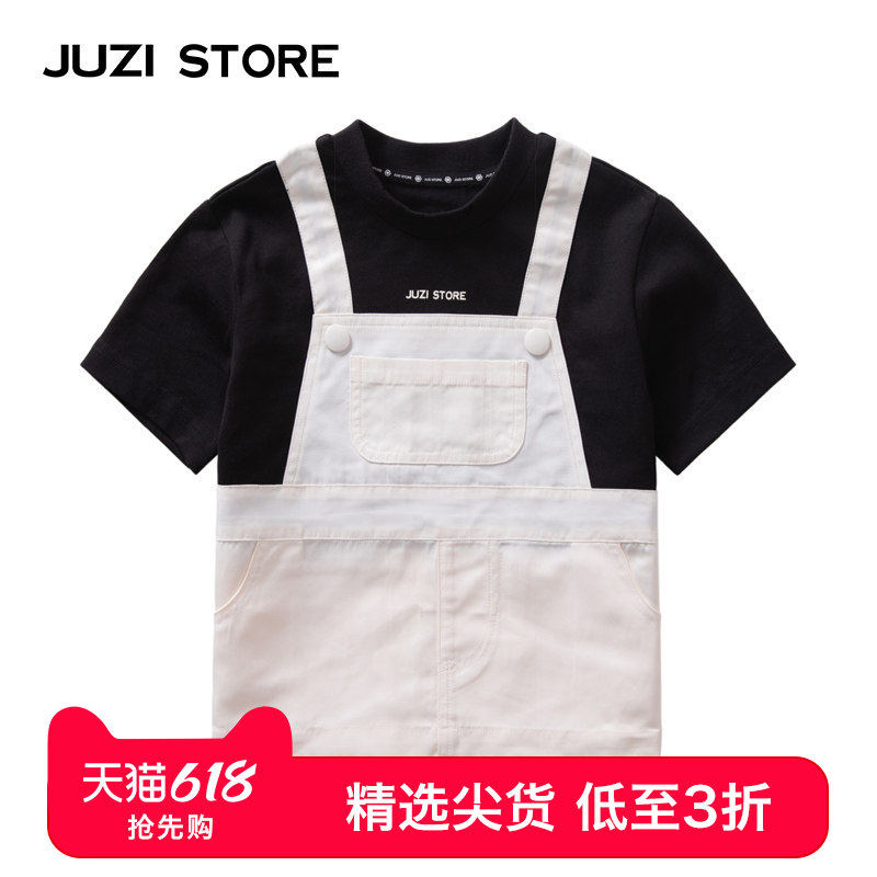 JUZI STORE童装夏季记忆横纹假两件拼接连衣裙背带裙女童1