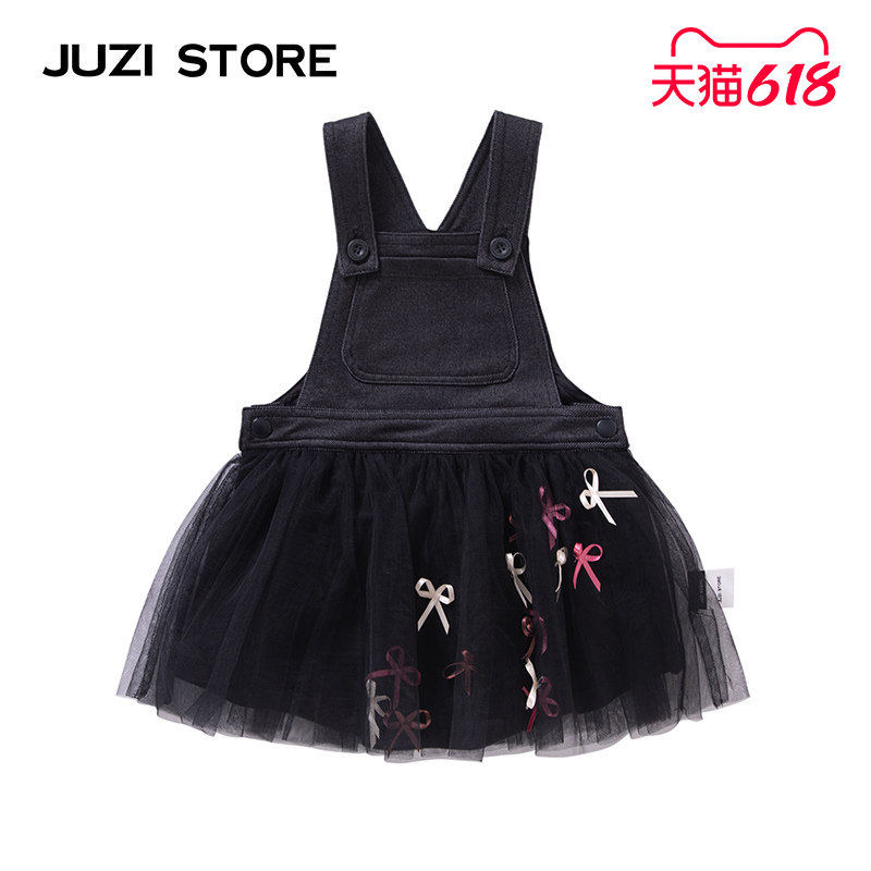 JUZI STORE童装针织牛仔网纱蝴蝶结装饰背带裙连衣裙女童1