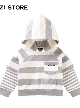 JUZI STORE童装粗针条纹拼接假两件上装棉连帽卫衣男女童1013006