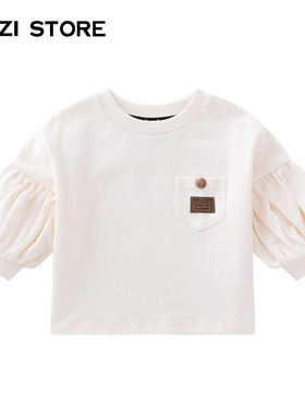 JUZI STORE童装粗针单面布铜扣装饰花苞袖套头衫T恤女童1233101