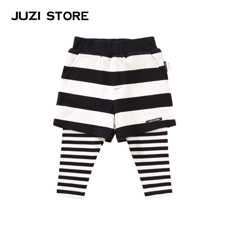 JUZI STORE童装粗针条纹拼接假两件下装长裤中性男童女童1