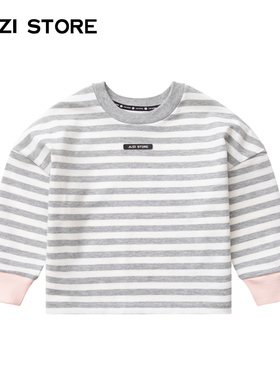 JUZI STORE童装秋季纯棉粗针条纹上装长袖T恤中性男童女童1025001