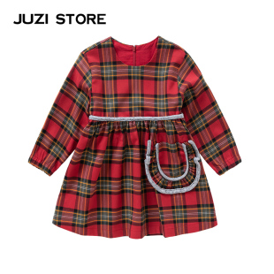 连衣裙女童1936203 梭织格撞色花边口袋长袖 JUZI STORE童装