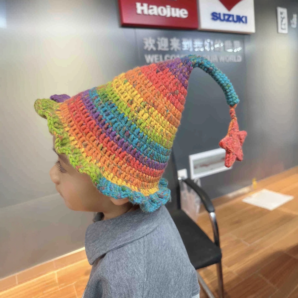 精灵帽儿童手工编织毛线DIY材料包钩针成人彩虹帽生日礼物送朋友
