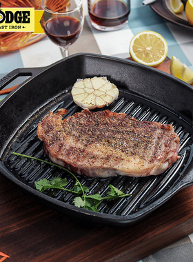 美国进口Lodge洛矶健康无涂层牛排煎锅铸铁不粘锅横纹平底煎锅