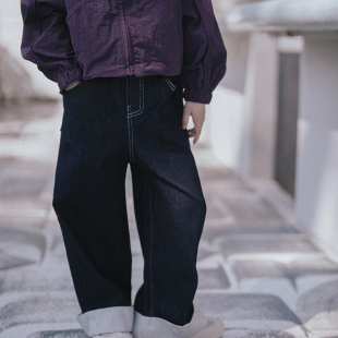 PISELLI史豌豆童装女童深色翻边直筒裤春季新款中大童丹宁牛仔裤