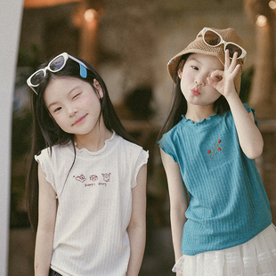 史豌豆童装女童2026新款夏季儿童木耳边刺绣背心宝宝洋气百搭上衣