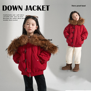 PISELLI史豌豆女童2025新款冬季儿童大毛领连帽羽绒服保暖外套潮