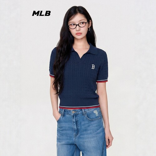 MLB女款短袖字母刺绣短款针织衫
