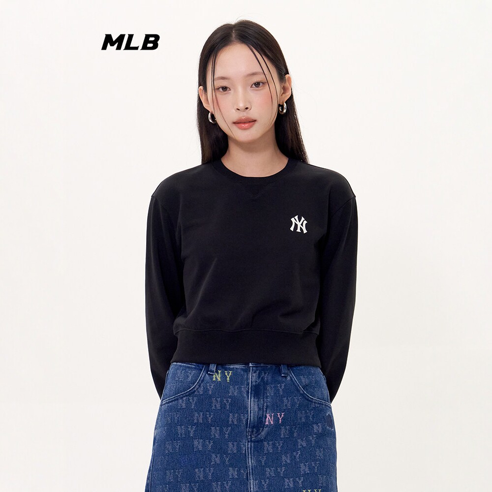 MLB女子卫衣25新款NY小标短款纯色圆领宽松休闲套头衫3FMTB2054