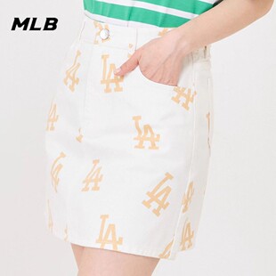 MLB女款牛仔裙复古老花满印高腰半身裙A字休闲运动短裙3FDSB0143