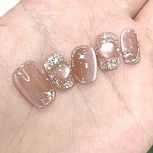 【A粉黛疏影】10片手工定制 粉色猫眼魔镜穿戴甲美甲贴片成品