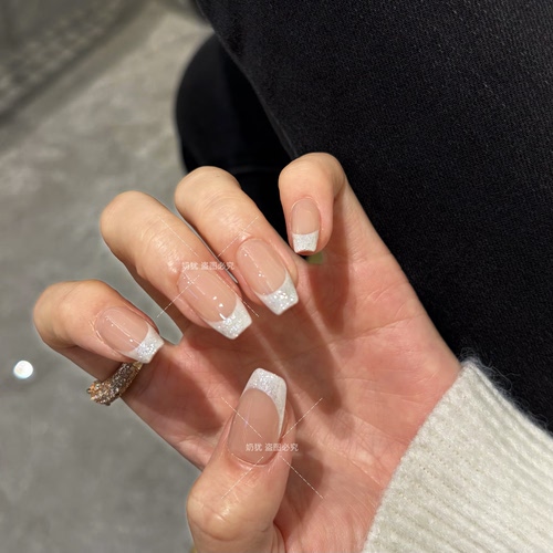 【雪顶奶盖】高品质爆闪雪融粉裸色法式纯手工穿戴甲温柔百搭美甲