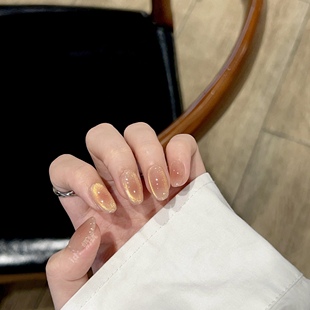 高品质纯手工金色日落金沙玻璃珠猫眼穿戴甲显白美甲 A暮色